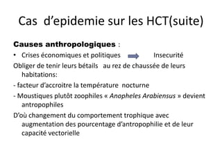 Cas d’epidemie sur les HCT(suite)
Causes anthropologiques :
• Crises économiques et politiques Insecurité
Obliger de tenir leurs bétails au rez de chaussée de leurs
habitations:
- facteur d’accroitre la température nocturne
- Moustiques plutôt zoophiles « Anopheles Arabiensus » devient
antropophiles
D’où changement du comportement trophique avec
augmentation des pourcentage d’antropophilie et de leur
capacité vectorielle
 