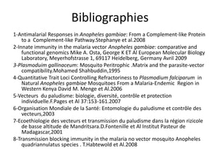 Bibliographies
1-Antimalarial Responses in Anopheles gambiae: From a Complement-like Protein
to a Complement-like Pathway.Stephanye et al.2008
2-Innate immunity in the malaria vector Anopheles gambiae: comparative and
functional genomics Mike A. Osta, George K ET Al European Molecular Biology
Laboratory, Meyerhofstrasse 1, 69117 Heidelberg, Germany Avril 2009
3-Plasmoduim gallinaceum: Mosquito Peritrophic .Matrix and the parasite-vector
compatibility.Mohamed Shahbuddin,1995
4-Quantitative Trait Loci Controlling Refractoriness to Plasmodium falciparum in
Natural Anopheles gambiae Mosquitoes From a Malaria-Endemic Region in
Western Kenya David M. Menge et Al.2006
5-Vecteurs du paludisme: biologie, diversité, contrôle et protection
individuelle.F.Pages et Al 37:153-161.2007
6-Organisation Mondiale de la Santé: Entomologie du paludisme et contrôle des
vecteurs,2003
7-Ecoethiologie des vecteurs et transmission du paludisme dans la région rizicole
de basse altitude de Mandritsara.D.Fontenille et Al Institut Pasteur de
Madagascar,2001
8-Transmission blocking immunity in the malaria no vector mosquito Anopheles
quadriannulatus species . T.Habtewold et Al.2008
 