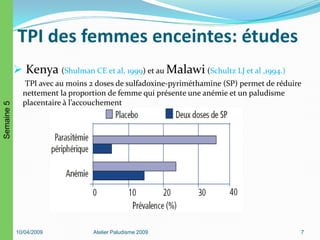 TPI des femmes enceintes: études
 Kenya (Shulman CE et al, 1999) et au Malawi (Schultz LJ et al ,1994.)
TPI avec au moins 2 doses de sulfadoxine-pyriméthamine (SP) permet de réduire
nettement la proportion de femme qui présente une anémie et un paludisme
placentaire à l’accouchement
10/04/2009 Atelier Paludisme 2009 7
Semaine5
 