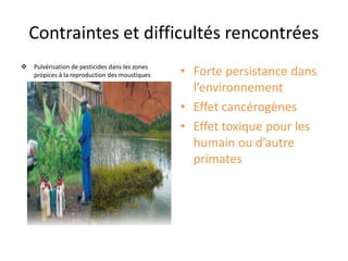 Contraintes et difficultés rencontrées
 Pulvérisation de pesticides dans les zones
propices à la reproduction des moustiques • Forte persistance dans
l’environnement
• Effet cancérogènes
• Effet toxique pour les
humain ou d’autre
primates
 