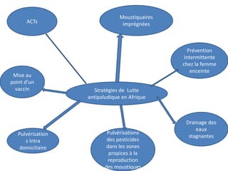 Stratégies de Lutte
antipaludique en Afrique
ACTs
Moustiquaires
imprégnées
Prévention
Intermittente
chez la femme
enceinte
Mise au
point d’un
vaccin
Pulvérisation
s Intra
domiciliaire
Pulvérisations
des pesticides
dans les zones
propices à la
reproduction
des moustiques
Drainage des
eaux
stagnantes
 