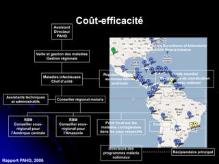 Coût-efficacité
Veille et gestion des maladies
Gestion régionale
Maladies infectieuses
Chef d’unité
Amazon Network for the Surveillance of Antimalarial
Drug Resistance/Amazon Malaria Initiative
Assistant
Directeur
PAHO
Assistants techniques
et administratifs
Conseiller régional malaria
RBM
Conseiller sous-
régional pour
l’Amérique centrale
RBM
Conseiller sous-
régional pour
l’Amazonie
Point focal sur les
maladies contagieuses
dans les pays respectifs
Coordinateur de projet
RAVREDA/AMI
Directeurs des
programmes malaria
nationaux
Récipiendaire principal
Représentant OMS
au niveau latino-
américain
Fonds mondial
Mécanismes de coordination
au niveau national
Rapport PAHO, 2006
 