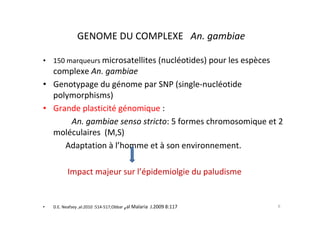 GENOME DU COMPLEXE An. gambiae
• 150 marqueurs microsatellites (nucléotides) pour les espèces
complexe An. gambiae
• Genotypage du génome par SNP (single-nucléotide
polymorphisms)
• Grande plasticité génomique :
An. gambiae senso stricto: 5 formes chromosomique et 2
moléculaires (M,S)
Adaptation à l’homme et à son environnement.
Impact majeur sur l’épidemiolgie du paludisme
• D.E. Neafsey ,al:2010 :514-517;Obbar ,al Malaria J.2009 8:117 6
 