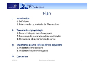 Plan
I. Introduction
1. Définition
2. Rôle dans le cycle de vie de Plasmodium
II. Taxonomie et physiologie
1. Caractéristiques morphologiques
2. Processus de maturation des gamétocytes
3. Physiologie et mécanismes de survie
III. Importance pour la lutte contre le paludisme
1. Importance moléculaire
2. Importance épidémiologique
IV. Conclusion
18/03/2011 2Gamétocytes de Plasmodium
 
