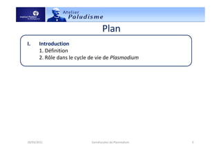 Plan
I. Introduction
1. Définition
2. Rôle dans le cycle de vie de Plasmodium
II. Taxonomie et physiologie
1. Classification (diagnostique)
2. Caractéristiques
3. Mécanismes de survie
III. Importance pour la lutte contre le paludisme
1. Importance moléculaire
2. Importance épidémiologique
IV. Conclusion
18/03/2011 3Gamétocytes de Plasmodium
 