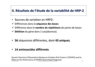 IIII. R. Réésultats de lsultats de l’é’étude de la variabilittude de la variabilitéé de HRPde HRP--22
• Sources de variation en HRP2:
Différences dans la séquence des bases
Différence dans le nombre de répétitions de paires de bases
Délétion du gène dans 1 cas(absence).
• 56 séquences différentes, dont 43 uniques.
• 14 aminoacides différents
25/03/2011 Variabilité génétique de Plasmodium 12
Genetic Diversity of Plasmodium falciparum Histidine-Rich Protein 2 (PfHRP2) and Its
Effect on the Performance of PfHRP2-Based Rapid Diagnostic
 