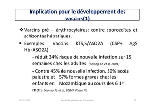 Implication pour le dImplication pour le dééveloppement desveloppement des
vaccins(1)vaccins(1)
Vaccins pré – érythrocytaires: contre sporozoïtes et
schizontes hépatiques.
Exemples: Vaccins RTS,S/ASO2A (CSP+ AgS
Hb+ASO2A)
- réduit 34% risque de nouvelle infection sur 15
semaines chez les adultes (Bojang KA et al, 2001)
- Contre 45% de nouvelle infection, 30% accès
palustre et 57% formes graves chez les
enfants en Mozambique au cours des 6 1er
mois (Alonso PL et al, 2004) Phase IIb
25/03/2011 Variabilité génétique de Plasmodium 23
 