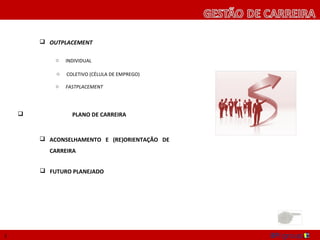  OUTPLACEMENT

        o   INDIVIDUAL

        o   COLETIVO (CÉLULA DE EMPREGO)

        o   FASTPLACEMENT




     PLANO DE CARREIRA



     ACONSELHAMENTO E (RE)ORIENTAÇÃO DE
      CARREIRA


     FUTURO PLANEJADO




5
 