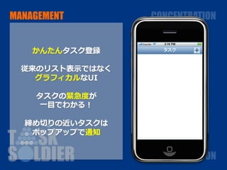 MANAGEMENT	
      CONCENTRATION	


    かんたんタスク登録       タスク	
   +	

  従来のリスト表⽰示ではなく
    グラフィカルなUI

     タスクの緊急度が
      ⼀一⽬目でわかる！

   締め切りの近いタスクは
    ポップアップで通知


                     MOTIVATION	
 