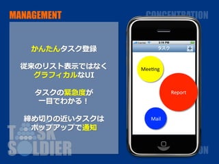 MANAGEMENT	
       CONCENTRATION	


    かんたんタスク登録           タスク	
        +	

  従来のリスト表⽰示ではなく   Mee$ng	
    グラフィカルなUI

     タスクの緊急度が                 Report	
      ⼀一⽬目でわかる！

   締め切りの近いタスクは       Mail	
    ポップアップで通知


                          MOTIVATION	
 