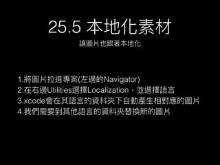 25.5 ػز
׌DƬҲػ
1.DƬM(߅Navigator)
2.߅UtilitiesxLocalizationKxZ?
3.xcodeZ?ԵYϊA?ԄӮa?ĈDƬ
4.҂ҪZ?ԵYϊAQµĈDƬ
 