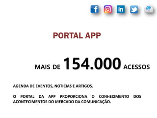 AGENDA DE EVENTOS, NOTICIAS E ARTIGOS.
O PORTAL DA APP PROPORCIONA O CONHECIMENTO DOS
ACONTECIMENTOS DO MERCADO DA COMUNICAÇÃO.
MAIS DE 154.000ACESSOS
PORTAL APP
 