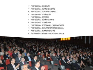 • PROFISSIONAL DIRIGENTE
• PROFISSIONAL DE ATENDIMENTO
• PROFISSIONAL DE PLANEJAMENTO
• PROFISSIONAL DE CRIAÇÃO
• PROFISSIONAL DE MÍDIA
• PROFISSIONAL DE ANUNCIANTE
• PROFISSIONAL DE VEÍCULO
• PROFISSIONAL DE SERVIÇOS ESPECIALIZADOS
• PROFISSIONAL DE IMPRENSA ESPECIALIZADA
• PROFISSIONAL DE MÍDIA DIGITAL
• PRÊMIO ESPECIAL CONTRIBUIÇÃO HISTÓRICA
 