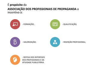 É propósito da
ASSOCIAÇÃO DOS PROFISSIONAIS DE PROPAGANDA o
incentivo à:
- FORMAÇÃO; - QUALIFICAÇÃO,
- VALORIZAÇÃO; - INSERÇÃO PROFISSIONAL;
- DEFESA DOS INTERESSES
DOS PROFISSIONAIS E DA
ATIVIDADE PUBLICITÁRIA.
 