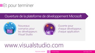 tech.days 2015#mstechdays
Nouveaux
scenarios pour
les développeurs
Visual Studio
www.visualstudio.com
Ouverte pour
chaque développeur,
chaque application
Keynote mobilité
 