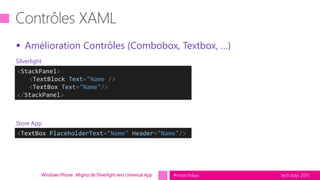 tech.days 2015#mstechdaysWindows Phone : Migrez de Silverlight vers Universal App
 Amélioration Contrôles (Combobox, Textbox, …)
<StackPanel>
<TextBlock Text="Name />
<TextBox Text="Name"/>
</StackPanel>
<TextBox PlaceholderText="Name" Header="Name"/>
Silverlight
Store App
 
