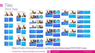 tech.days 2015#mstechdaysWindows Phone : Migrez de Silverlight vers Universal App
https://msdn.microsoft.com/en-us/library/windows/apps/Hh761491.aspx
Store App
 