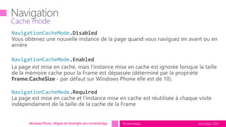 tech.days 2015#mstechdaysWindows Phone : Migrez de Silverlight vers Universal App
Cache mode
NavigationCacheMode.Disabled
NavigationCacheMode.Enabled
NavigationCacheMode.Required
 