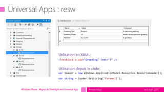 tech.days 2015#mstechdaysWindows Phone : Migrez de Silverlight vers Universal App
<TextBlock x:Uid="Greeting" Text="?" />
Utilisation depuis le code:
Utilisation en XAML:
var loader = new Windows.ApplicationModel.Resources.ResourceLoader();
var string = loader.GetString('Farewell');
 