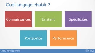 Quel langage choisir ?


     Connaissances               Existant      Spécificités



                       Portabilité     Performance


Code / Développement
 