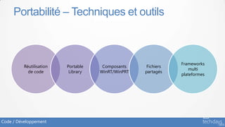Portabilité – Techniques et outils



                                                               Frameworks
          Réutilisation   Portable    Composants    Fichiers
                                                                  multi
            de code        Library   WinRT/WinPRT   partagés
                                                               plateformes




Code / Développement
 