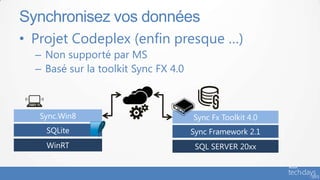 Synchronisez vos données
• Projet Codeplex (enfin presque …)
  – Non supporté par MS
  – Basé sur la toolkit Sync FX 4.0



   Sync.Win8                          Sync Fx Toolkit 4.0
    SQLite                            Sync Framework 2.1
    WinRT                              SQL SERVER 20xx
 