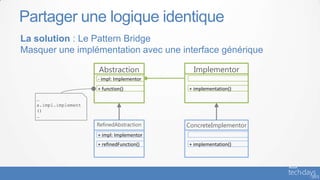 Partager une logique identique
La solution : Le Pattern Bridge
Masquer une implémentation avec une interface générique

                      Abstraction             Implementor
                      - impl: Implementor
                      + function()          + implementation()
   …
   a.impl.implement
   ()
   …
                      RefinedAbstraction    ConcreteImplementor
                      + impl: Implementor
                      + refinedFunction()   + implementation()
 