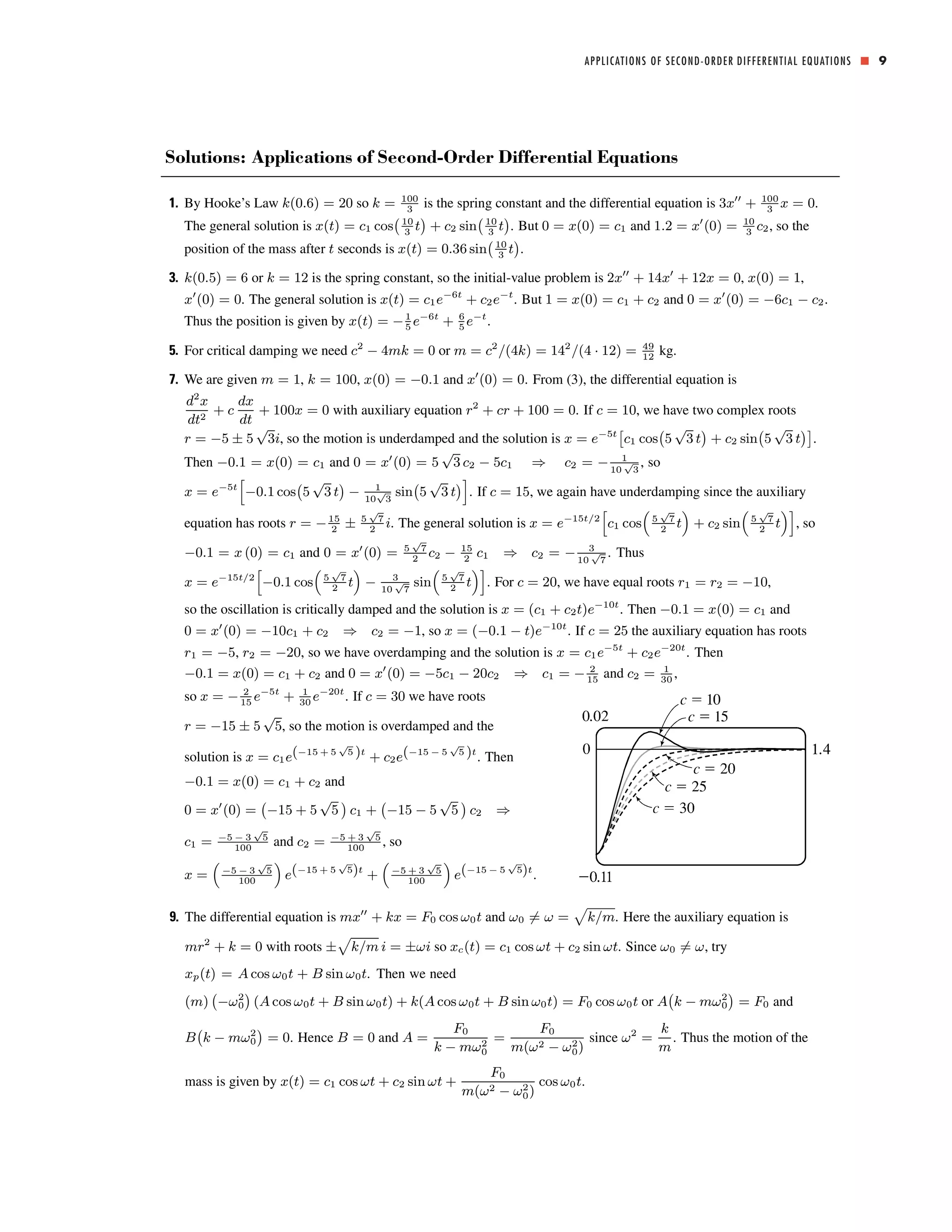 Solutions: Applications of Second-Order Differential Equations 
1. By Hooke’s Law k(0.6) = 20 so k = 100 
APPLICATIONS OF SECOND-ORDER DIFFERENTIAL EQUATIONS 
3 is the spring constant and the differential equation is 3x00 + 100 
3 x = 0. 
¡ 10 
The general solution is x(t) = c1 cos 
3 t 
¢ 
+ c2 sin 
¡ 10 
3 t 
¢ 
. But 0 = x(0) = c1 and 1.2 = x0(0) = 10 
3 c2, so the 
¡ 10 
position of the mass after t seconds is x(t) = 0.36 sin 
3 t 
¢ 
. 
3. k(0.5) = 6 or k = 12 is the spring constant, so the initial-value problem is 2x00 + 14x0 + 12x = 0, x(0) = 1, 
x0(0) = 0. The general solution is x(t) = c1e−6t + c2e−t. But 1 = x(0) = c1 + c2 and 0 = x0(0) = −6c1 − c2. 
Thus the position is given by x(t) = −1 
e−6t + 6 
e−t. 
5 5 5. For critical damping we need c2 − 4mk = 0 or m = c2/(4k) = 142/(4 · 12) = 49 
12 kg. 
7. We are given m = 1, k = 100, 
x(0) = −0.1 and x0(0) = 0. From (3), the differential equation is 
d2x 
dt2 + c 
dx 
dt 
+ 100x = 0 with auxiliary equation r2 + cr + 100 = 0. If c = 10, 
we have two complex roots 
r = −5 ± 5 √3i, so the motion is underdamped and the solution is x = e−5t£ 
c1 cos 
¡ 
5 √3 t 
¢ 
+ c2 sin 
¡ 
5 √3 t 
¢¤ 
. 
Then −0.1 = x(0) = c1 and 0 = x0(0) = 5 √3 c2 − 5c1 ⇒ c2 = − 1 
10 √3 
, so 
x = e−5t 
h 
−0.1 cos 
¡ 
5 √3 t 
¢ 
− 1 
10√3 
sin 
¢i 
. If c = 15, 
¡ 
5 √3 t 
we again have underdamping since the auxiliary 
2 ± 5 √7 
equation has roots r = −15 
2 i. The general solution is x = e−15t/2 
³ 
h 
c1 cos 
5 √7 
2 t 
´ 
+ c2 sin 
³ 
5 √7 
2 t 
´i 
, so 
−0.1 = x (0) = c1 and 0 = x0(0) = 5 √7 
2 c2 − 15 
2 c1 ⇒ c2 = − 3 
10 √7 
. Thus 
x = e−15t/2 
h 
−0.1 cos 
³ 
´ 
− 3 
5 √7 
2 t 
10 √7 
sin 
³ 
5 √7 
2 t 
´i 
. For c = 20, 
we have equal roots r1 = r2 = −10, 
so the oscillation is critically damped and the solution is x = (c1 + c2t)e−10t. Then −0.1 = x(0) = c1 and 
0 = x0(0) = −10c1 + c2 ⇒ c2 = −1, so x = (−0.1 − t)e−10t. If c = 25 the auxiliary equation has roots 
r1 = −5, r2 = −20, so we have overdamping and the solution is x = c1e−5t + c2e−20t. Then 
−0.1 = x(0) = c1 + c2 and 0 = x0(0) = −5c1 − 20c2 ⇒ c1 = − 2 
and c2 = 1 
, 
15 30 15 e−5t + 1 
30 e−20t. If c = 30 we have roots 
so x = − 2 
r = −15 ± 5 √5, so themotion is overdamped and the 
solution is x = c1e(−15+5 √5 )t + c2e(−15 − 5 √5 )t. Then 
−0.1 = x(0) = c1 + c2 and 
0 = x0(0) = 
¡ 
−15 + 5 √5 
¢ 
c1 + 
¡ 
−15 − 5 √5 
¢ 
c2 ⇒ 
c1 = −5 − 3 √5 
100 and c2 = −5+3√5 
100 , so 
x = 
³ 
−5 − 3 √5 
100 
´ 
e(−15+5 √5)t + 
³ 
−5+3√5 
100 
´ 
e(−15 − 5 √5)t. 
■ 9 
9. The differential equation is mx00 + kx = F0 cos ω0t and ω06= ω = 
p 
k/m. Here the auxiliary equation is 
mr2 + k = 0 with roots ± 
p 
k/mi = ±ωi so xc(t) = c1 cos ωt + c2 sin ωt. Since ω06= ω, try 
xp(t) = Acos ω0t + B sin ω0t. Then we need 
(m) 
¡ 
−ω20 ¢ 
¡ 
k −mω20 
(Acos ω0t + B sin ω0t) + k(Acos ω0t + B sin ω0t) = F0 cos ω0t or A 
¢ 
= F0 and 
B 
¡ 
k − mω20 
¢ 
= 0. Hence B = 0 and A = 
F0 
k − mω20 
= 
F0 
m(ω2 − ω20 
) 
since ω2 = 
k 
m 
. Thus the motion of the 
mass is given by x(t) = c1 cos ωt + c2 sin ωt + 
F0 
m(ω2 − ω20 
) 
cos ω0t. 
 