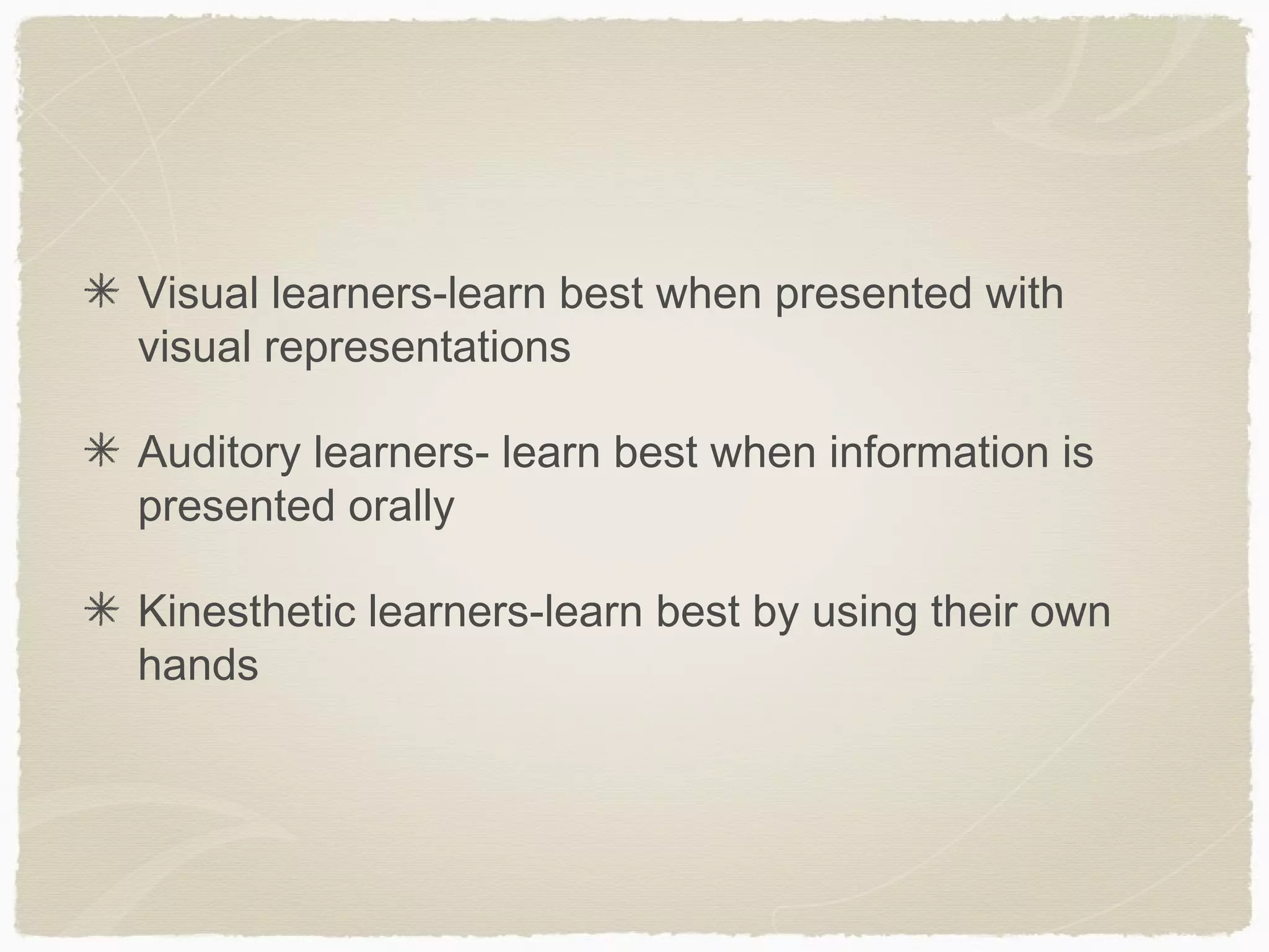 Visual learners-learn best when presented with
visual representations

Auditory learners- learn best when information is
presented orally

Kinesthetic learners-learn best by using their own
hands
 