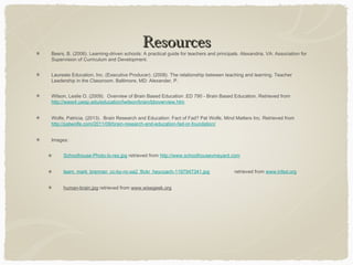 Resources
Beers, B. (2006). Learning-driven schools: A practical guide for teachers and principals. Alexandria, VA: Association for
Supervision of Curriculum and Development.


Laureate Education, Inc. (Executive Producer). (2008). The relationship between teaching and learning. Teacher
Leadership in the Classroom. Baltimore, MD: Alexander, P.


Wilson, Leslie O. (2009). Overview of Brain Based Education .ED 790 - Brain Based Education. Retrieved from
http://www4.uwsp.edu/education/lwilson/brain/bboverview.htm


Wolfe, Patricia. (2013). Brain Research and Education: Fact of Fad? Pat Wolfe, Mind Matters Inc. Retrieved from
http://patwolfe.com/2011/09/brain-research-and-education-fad-or-foundation/


Images:


     Schoolhouse-Photo-lo-res.jpg retrieved from http://www.schoolhousevineyard.com


     learn_mark_brennan_cc-by-nc-sa2_flickr_heycoach-1197947341.jpg                   retrieved from www.infed.org


     human-brain.jpg retrieved from www.wisegeek.org
 