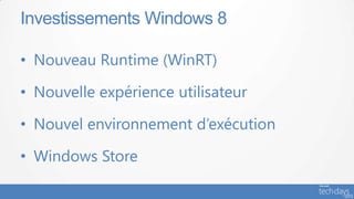 Investissements Windows 8

• Nouveau Runtime (WinRT)

• Nouvelle expérience utilisateur

• Nouvel environnement d’exécution

• Windows Store
 