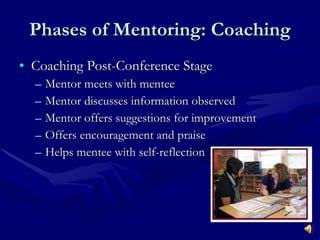 Phases of Mentoring: Coaching Coaching Post-Conference Stage Mentor meets with mentee Mentor discusses information observed Mentor offers suggestions for improvement Offers encouragement and praise Helps mentee with self-reflection 