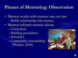 Phases of Mentoring: Observation Mentor works with mentee one on one Builds relationship with mentee. Mentor informs mentee about: Curriculum Building procedures Schedules Community surroundings (Portner, 2010). 