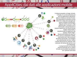 Il sistema prevede un luogo virtuale,
il Cloud, in cui sono presenti una
serie di applicazioni specifiche,
ognuna relativa al servizio fornito.
Sia il pannello di controllo sul Sito
Web che le App sono pensate per
essere modulari ed efficienti.
Ognuno potrà scaricare l’App
specifica per il servizio a cui è
interessato o personalizzare la
propria esperienza sul Cloud tramite
moduli selezionabili /
deselezionabili da applicare alla
propria “Home Page”.
Questo permetterà di avere un
minor carico sui dispositivi mobile,
scaricando solo i dati necessari
all’utilizzo personale, e di navigare
più velocemente nel sito. Inoltre
l’utente dovrà fornire soltanto i dati
necessari all’utilizzo dei servizi a cui
si è interessati.
I comportamenti eco friendly
saranno premiati con un valore
virtuale accumulabile da utilizzare
con i partners del cloud
 