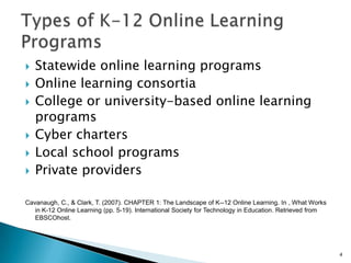 Expand access to educationProvide curricular optionsAs educators, we should be using technologyas a critical design factor, in combination withResearch on how people best learn.Cavanaugh, C., & Clark, T. (2007). CHAPTER 1: The Landscape of K--12 Online Learning. In , What Works in K-12 Online Learning (pp. 5-19). International Society for Technology in Education. Retrieved from EBSCOhost.Lemke, C., & Coughlin, E. (2009). The change agents. Educational Leadership, 67(1), 54–59.3Purpose of Distant Education