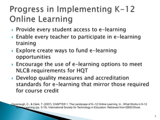 Statewide online learning programsOnline learning consortiaCollege or university-based online learning programsCyber chartersLocal school programsPrivate providersCavanaugh, C., & Clark, T. (2007). CHAPTER 1: The Landscape of K--12 Online Learning. In , What Works in K-12 Online Learning (pp. 5-19). International Society for Technology in Education. Retrieved from EBSCOhost.4Types of K-12 Online Learning Programs