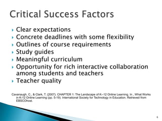 Provide every student access to e-learningEnable every teacher to participate in e-learning trainingExplore create ways to fund e-learning opportunitiesEncourage the use of e-learning options to meet NLCB requirements for HQTDevelop quality measures and accreditation standards for e-learning that mirror those required for course creditCavanaugh, C., & Clark, T. (2007). CHAPTER 1: The Landscape of K--12 Online Learning. In , What Works in K-12 Online Learning (pp. 5-19). International Society for Technology in Education. Retrieved from EBSCOhost.5Progress in Implementing K-12 Online Learning