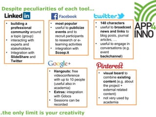 Despite peculiarities of each tool…
…the only limit is your creativity
• building a
professional
community around
a topic (group)
• interacting with
experts and
stakeholders
• Integration with
SlideShare and
Twitter
• most popular
• useful to publicize
events and to
recruit participants
to research or e-
learning activities
• integration with
Scoop.it
• visual board to
combine existing
content (e.g. about
the project +
external related
content)
• not very used by
academia
• Hangouts: free
videoconference
with up to 10 people
(useful also in
academia)
• Extras: integration
with Gdocs
• Sessions can be
recorded
• 140 characters
• useful to broadcast
news and links to
blog posts, journal
articles, …
• useful to engage in
conversations (e.g.
event
backchannel)
 