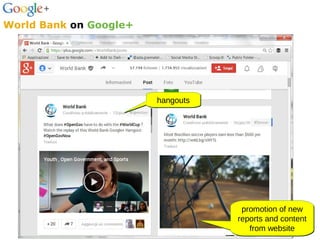 hangoutshangouts
promotion of new
reports and content
from website
promotion of new
reports and content
from website
World Bank on Google+
 