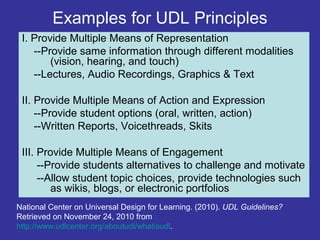 Examples for UDL Principles
I. Provide Multiple Means of Representation
--Provide same information through different modalities
(vision, hearing, and touch)
--Lectures, Audio Recordings, Graphics & Text
II. Provide Multiple Means of Action and Expression
--Provide student options (oral, written, action)
--Written Reports, Voicethreads, Skits
III. Provide Multiple Means of Engagement
--Provide students alternatives to challenge and motivate
--Allow student topic choices, provide technologies such
as wikis, blogs, or electronic portfolios
National Center on Universal Design for Learning. (2010). UDL Guidelines?
Retrieved on November 24, 2010 from
http://www.udlcenter.org/aboutudl/whatisudl.
 