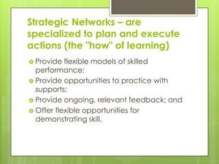 Strategic Networks – are
specialized to plan and execute
actions (the "how" of learning)
 Provide  flexible models of skilled
  performance;
 Provide opportunities to practice with
  supports;
 Provide ongoing, relevant feedback; and
 Offer flexible opportunities for
  demonstrating skill.
 