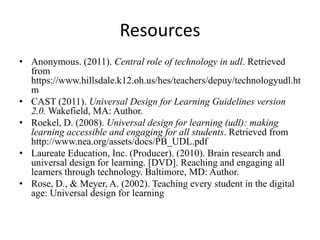 ResourcesAnonymous. (2011). Central role of technology in udl. Retrieved from https://www.hillsdale.k12.oh.us/hes/teachers/depuy/technologyudl.htm CAST (2011). Universal Design for Learning Guidelines version 2.0. Wakefield, MA: Author.Roekel, D. (2008). Universal design for learning (udl): making learning accessible and engaging for all students. Retrieved from http://www.nea.org/assets/docs/PB_UDL.pdf Laureate Education, Inc. (Producer). (2010). Brain research and universal design for learning. [DVD]. Reaching and engaging all learners through technology. Baltimore, MD: Author.Rose, D., & Meyer, A. (2002). Teaching every student in the digital age: Universal design for learning
