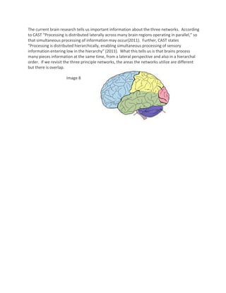 The current brain research tells us important information about the three networks.  According 
    to CAST “Processing is distributed laterally across many brain regions operating in parallel,” so 
    that simultaneous processing of information may occur(2011).  Further, CAST states 
    “Processing is distributed hierarchically, enabling simultaneous processing of sensory 
    information entering low in the hierarchy” (2011).  What this tells us is that brains process 
    many pieces information at the same time, from a lateral perspective and also in a hierarchal 
    order.  If we revisit the three principle networks, the areas the networks utilize are different 
    but there is overlap.   

                         Image 8 

     

 

                                  
 