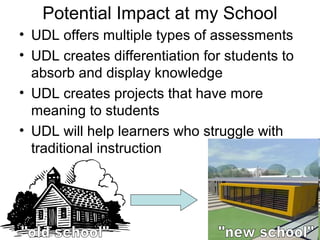 Potential Impact at my School
• UDL offers multiple types of assessments
• UDL creates differentiation for students to
absorb and display knowledge
• UDL creates projects that have more
meaning to students
• UDL will help learners who struggle with
traditional instruction
 