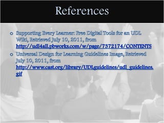 Basham, J. and Gardner, J. (2010). Measuring Universal Design for Learning. Special Education Technology Practice , 15-20.Retrieved from the Walden University Library using the Education Research Complete database. 