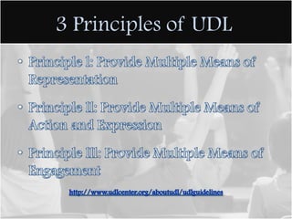 3 Principles of UDLPrinciple l: Provide Multiple Means of RepresentationPrinciple ll: Provide Multiple Means of Action and ExpressionPrinciple lll: Provide Multiple Means of Engagement http://www.udlcenter.org/aboutudl/udlguidelines