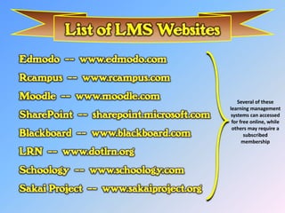 Several of these
learning management
 systems can accessed
 for free online, while
 others may require a
       subscribed
      membership
 