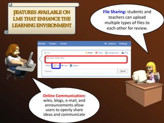 File Sharing: students and
                                teachers can upload
                             multiple types of files to
                               each other for review.




Online Communication:
wikis, blogs, e-mail, and
 announcements allow
 users to openly share
ideas and communicate
 