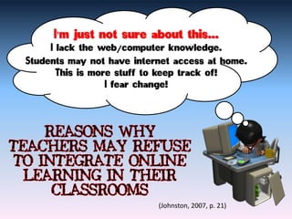 I’m just not sure
                      ` about this...
     I lack the web/computer knowledge.
Students may not have internet access at home.
       This is more stuff to keep track of!
                  I fear change!




                           (Johnston, 2007, p. 21)
 