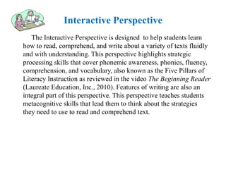Interactive Perspective
   The Interactive Perspective is designed to help students learn
how to read, comprehend, and write about a variety of texts fluidly
and with understanding. This perspective highlights strategic
processing skills that cover phonemic awareness, phonics, fluency,
comprehension, and vocabulary, also known as the Five Pillars of
Literacy Instruction as reviewed in the video The Beginning Reader
(Laureate Education, Inc., 2010). Features of writing are also an
integral part of this perspective. This perspective teaches students
metacognitive skills that lead them to think about the strategies
they need to use to read and comprehend text.
 
